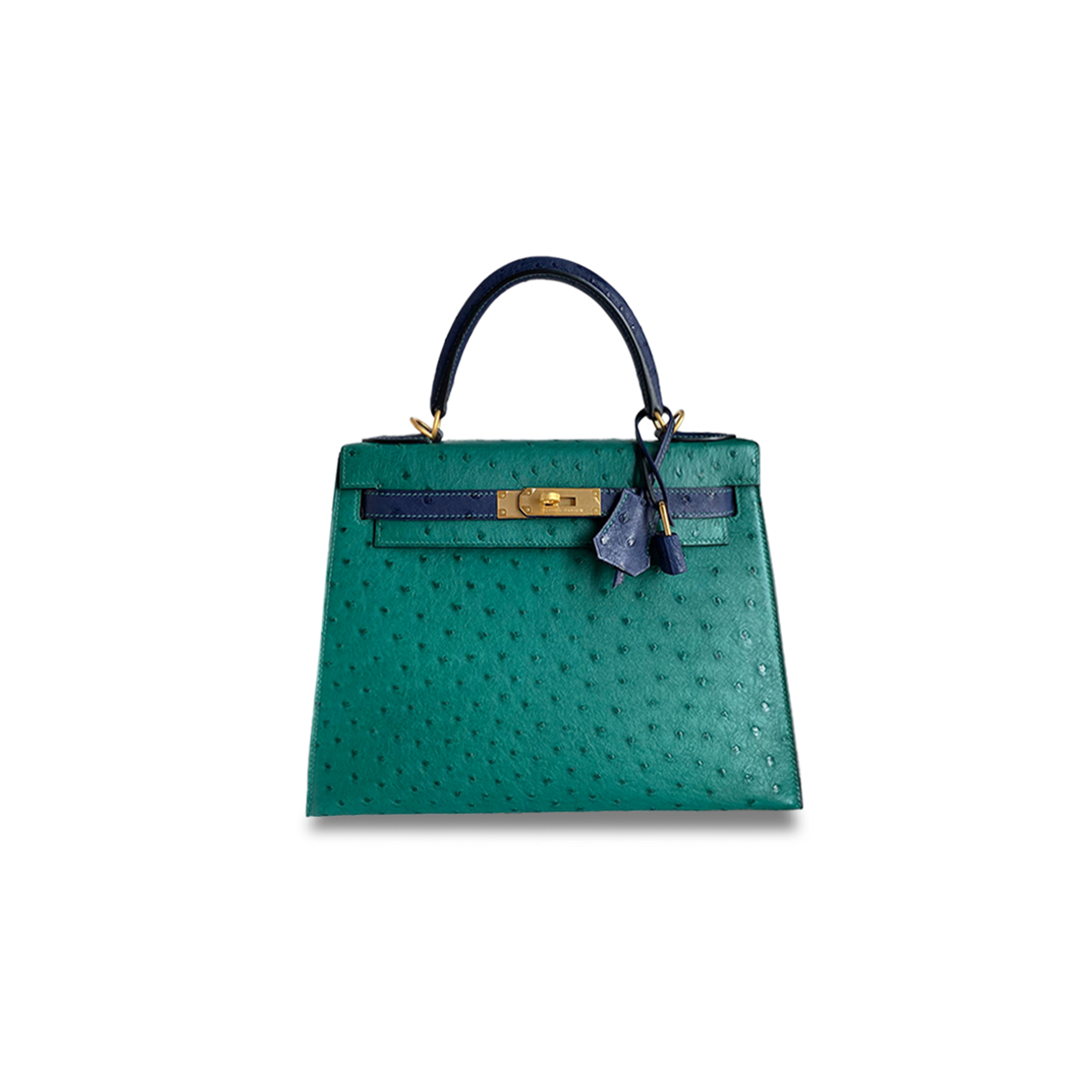 H**mes master kelly 28 ostrich leather velvet green and royal blue brushed gold buckle (28*22*10cm)